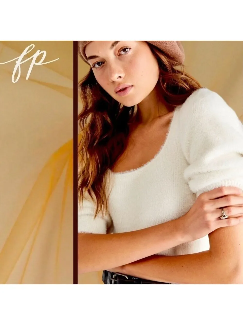 FREE PEOPLE NWT Moonbeam Fuzzy 3/4 Puff Sleeve Cropped Scoop Neck Sweater/Lg